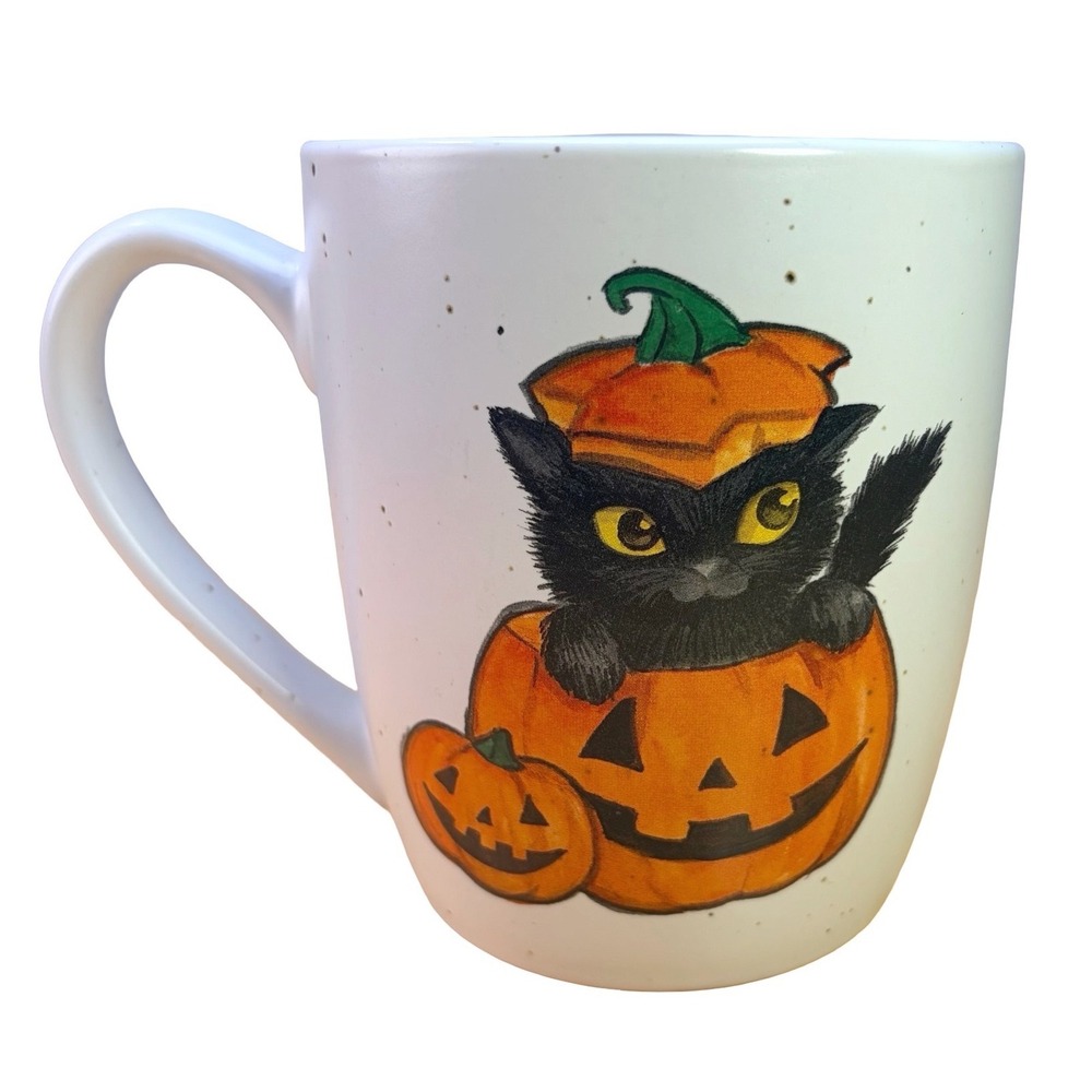 Retro Black Cat Pumpkin Mug Halloween Cobwebs & Cauldrons White Speckled Cup